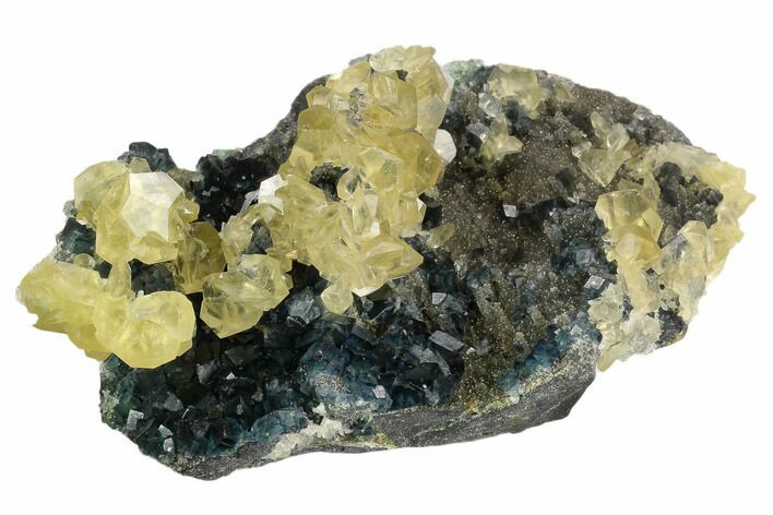 Blue-Green Fluorite and Yellow Calcite on Quartz - Fluorescent! #128556